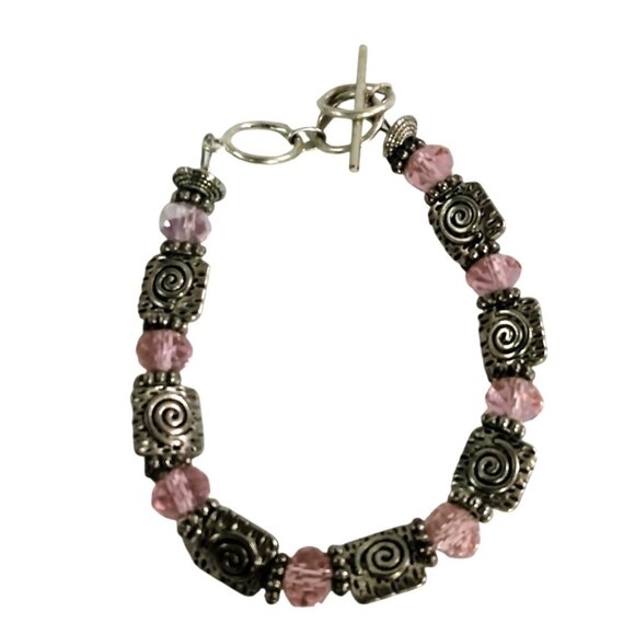 Handcrafted Silver Tone Pink Beaded Bracelet Swirl Design Toggle Clasp 7 inch - Picture 3 of 7